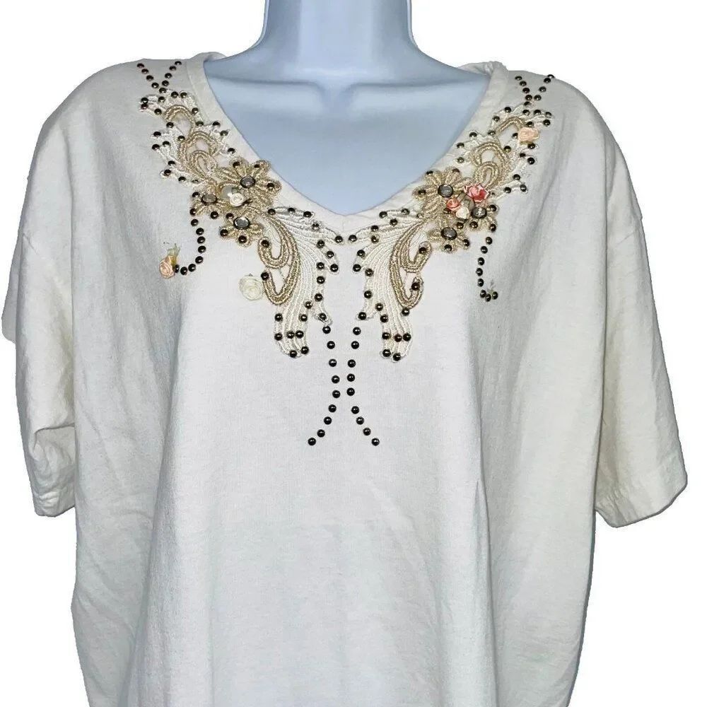 Vintage 90s Cactus Womens L Top White Beaded Short Sleeve Casual Shoulder Pads